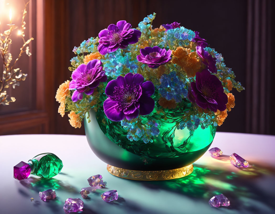 Luxurious Flower-filled Bowl with Crystals on Moody Background