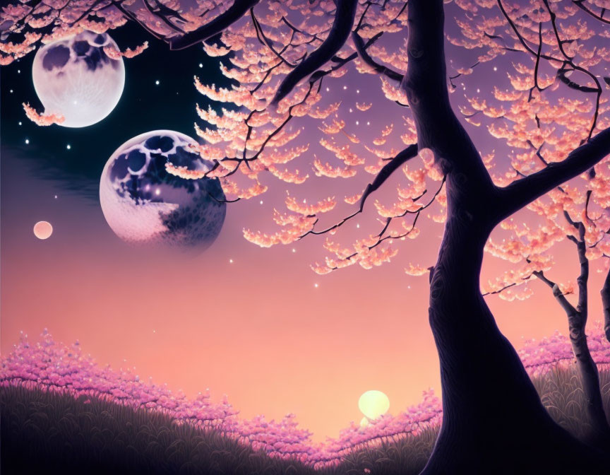 Surreal landscape with pink cherry blossoms, two moons, sunset sky, and star