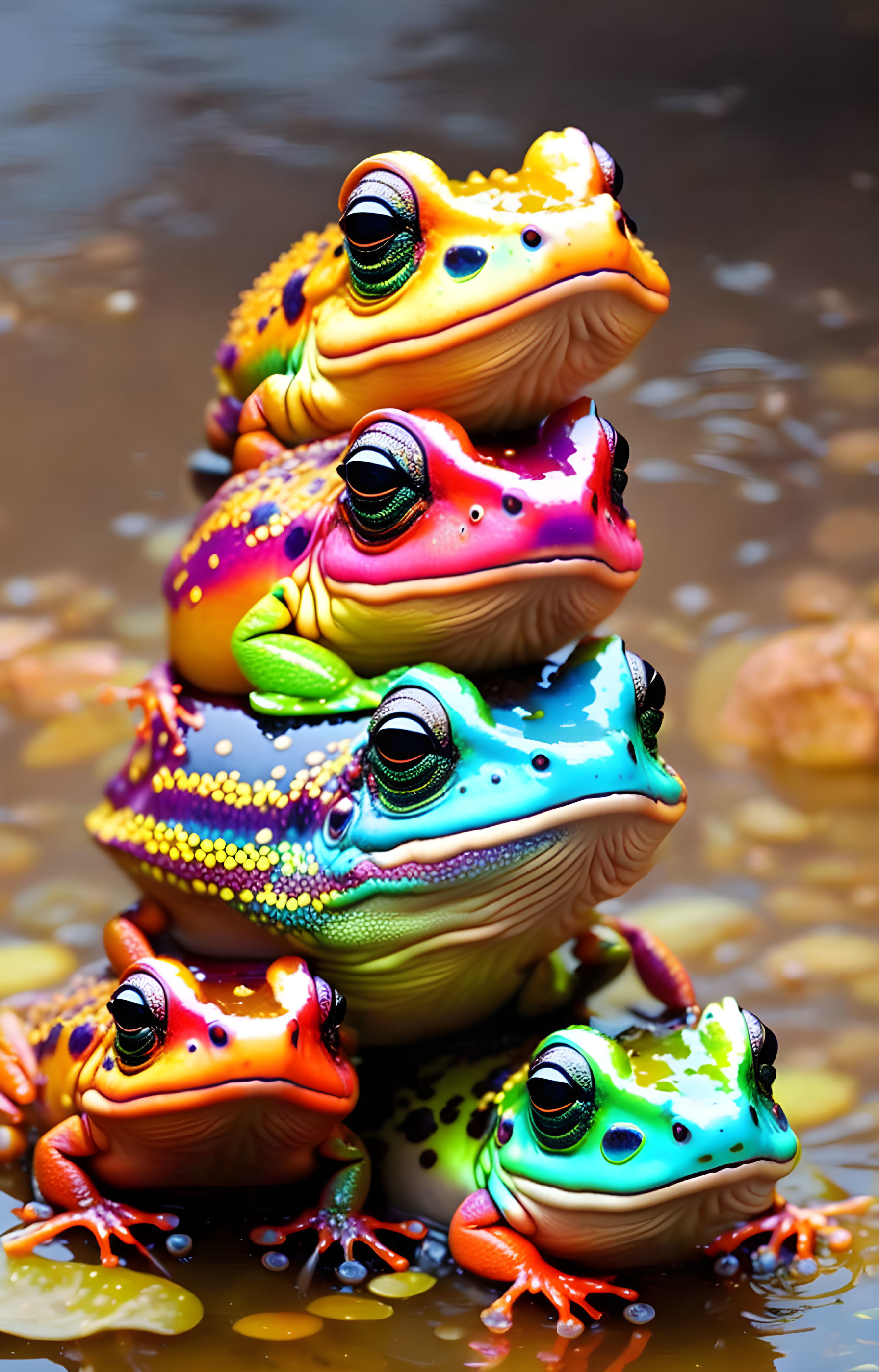 Five Colorful Frogs Stack by Water with Bulging Eyes and Splayed Legs