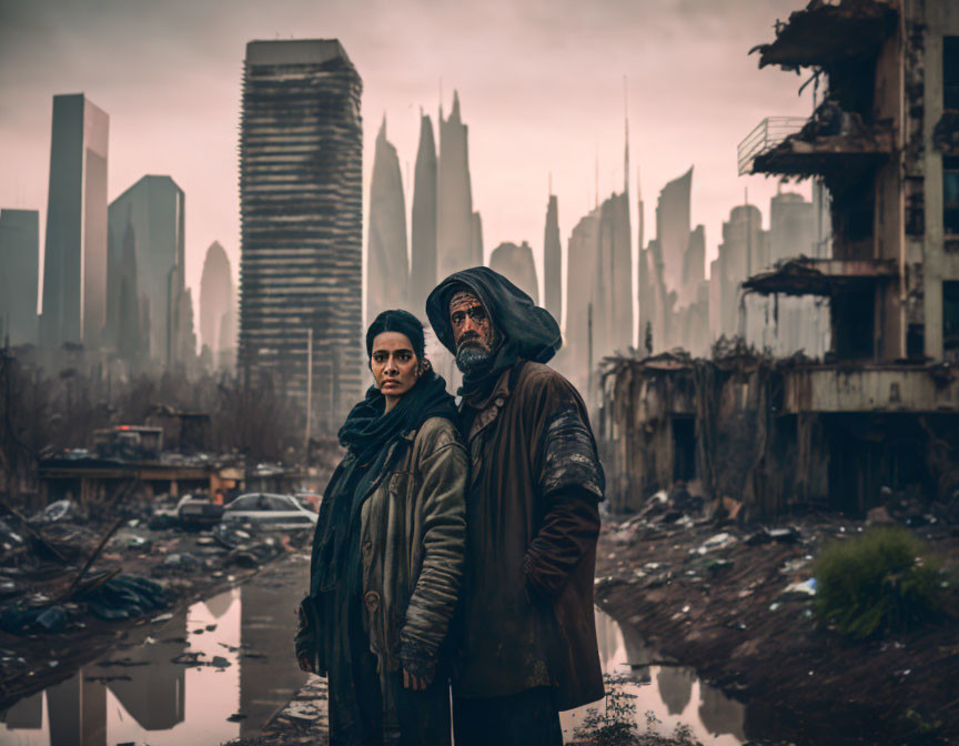 Dystopian cityscape with two people in desolate setting