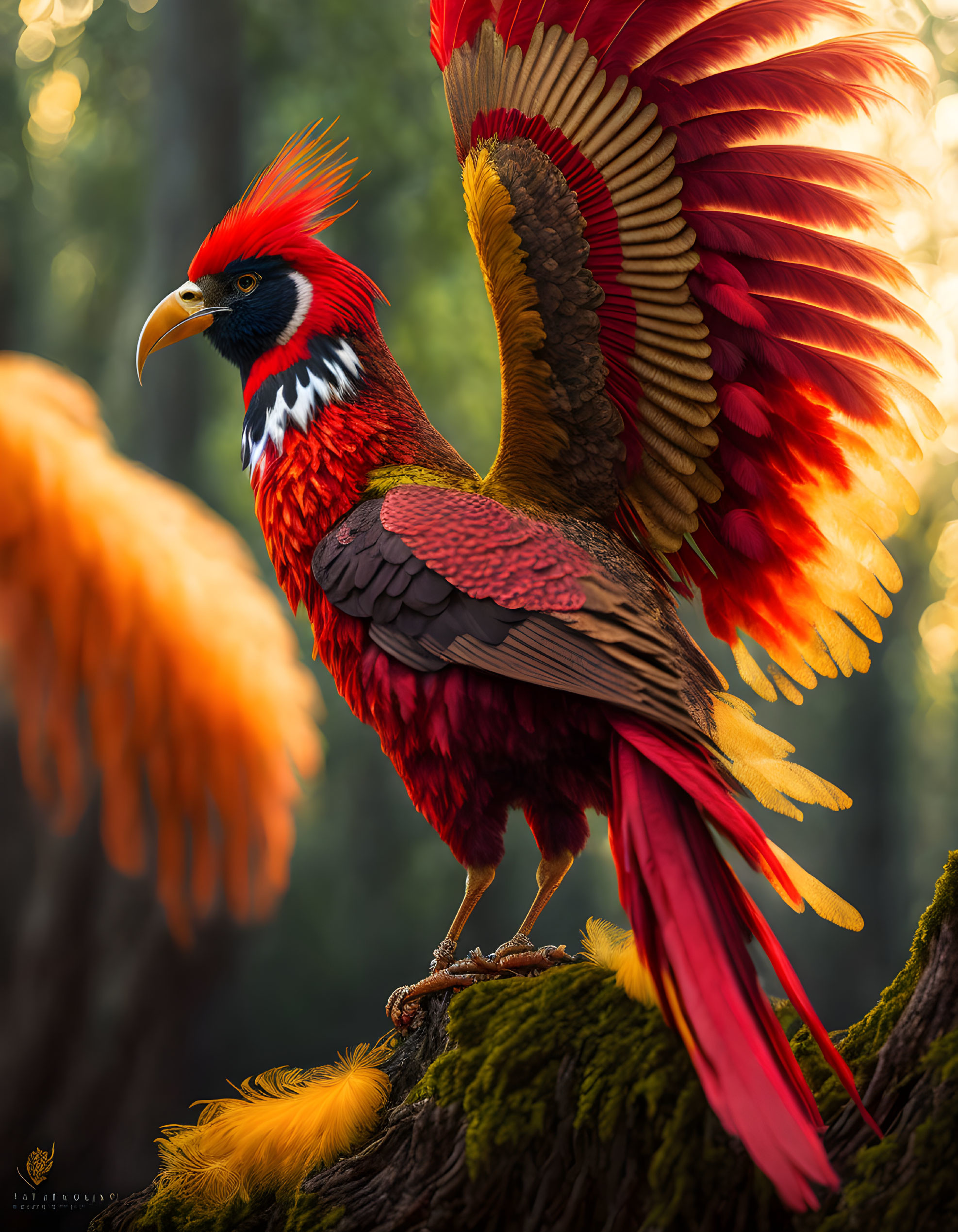 Colorful Fantastical Bird with Red and Brown Plumage Perched in Forest