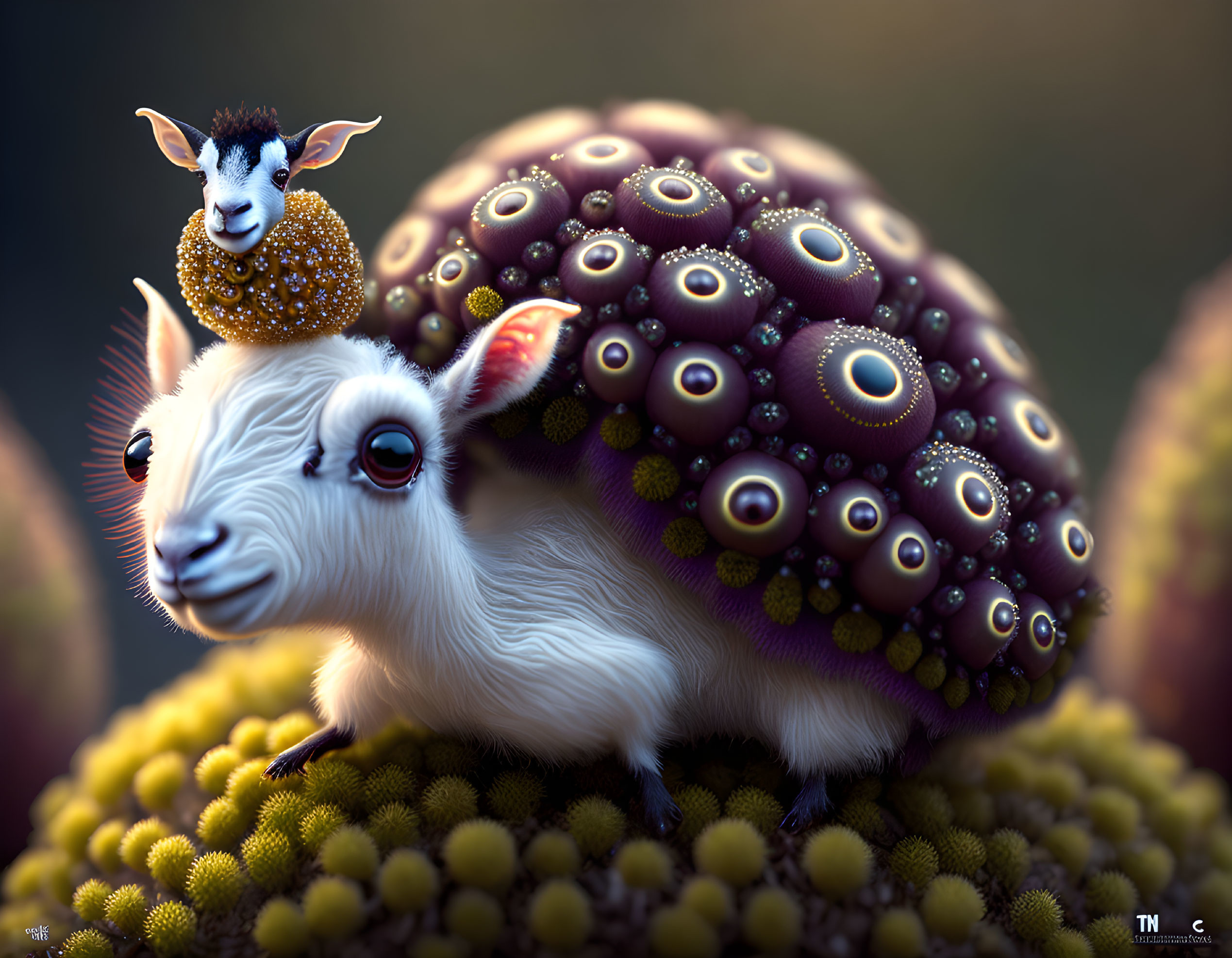 Whimsical digital artwork: Fluffy white goat creature with intricate eye-like shell.