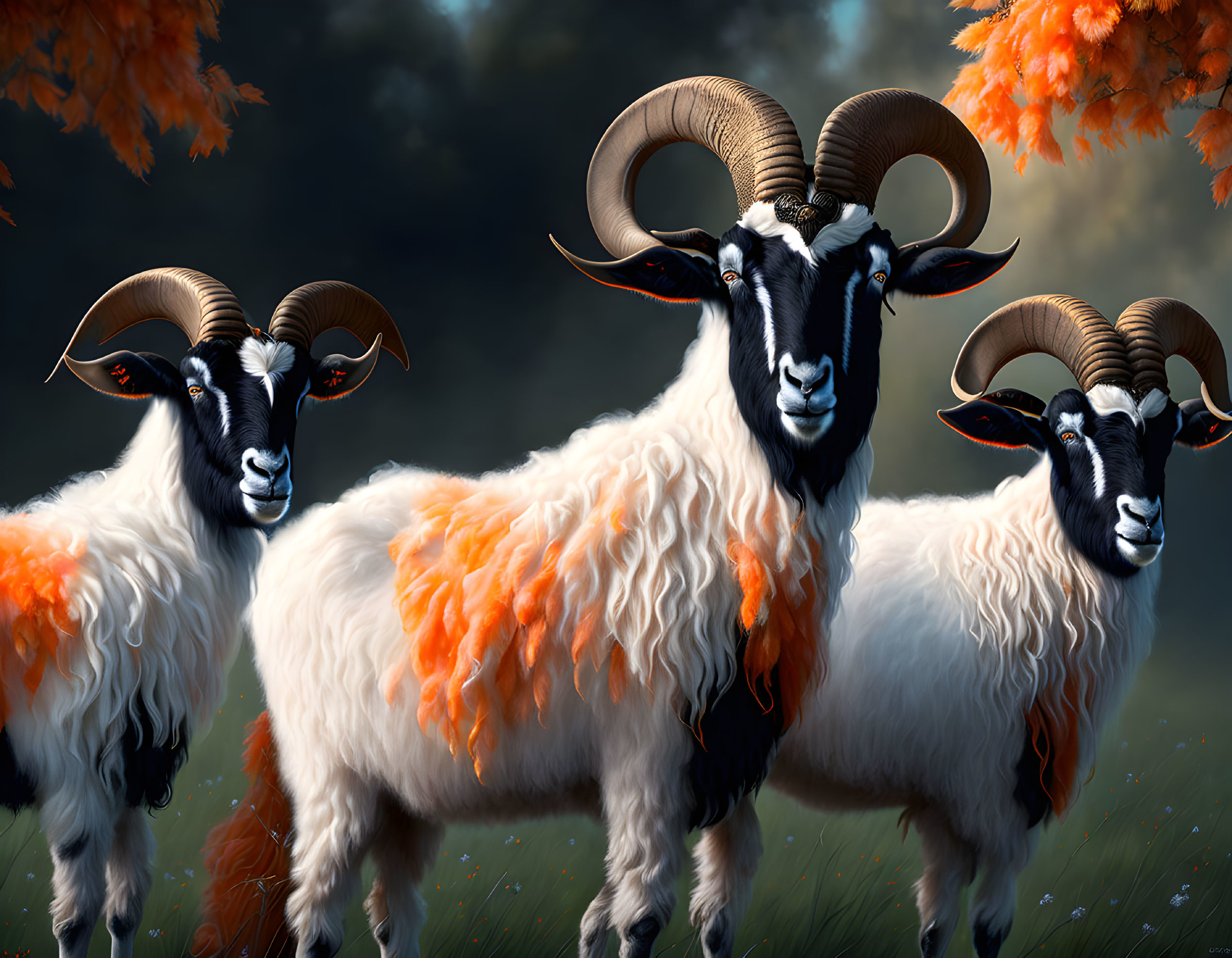 Majestic rams with large curled horns in autumn field.