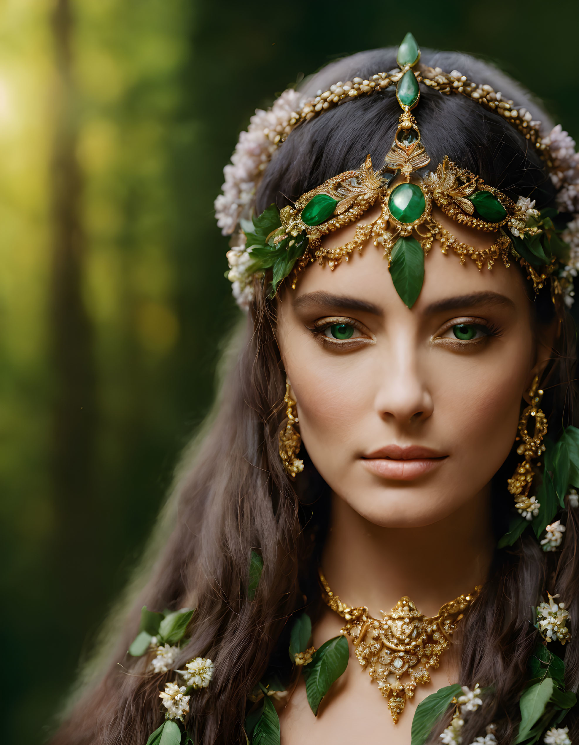 Woman in Gold and Green Headpiece and Necklace on Blurred Green Background