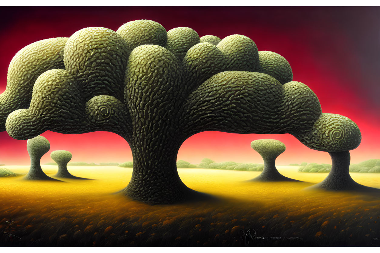 Stylized trees in surreal landscape under red sky