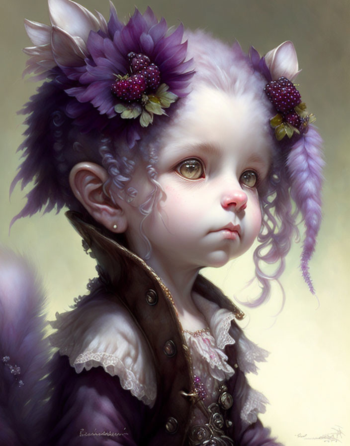 Fantastical creature with childlike face and purple floral ears.