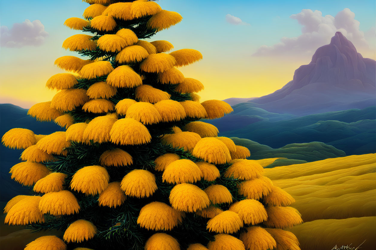 Colorful painting of a unique tree against golden hills and mountain under sunset.