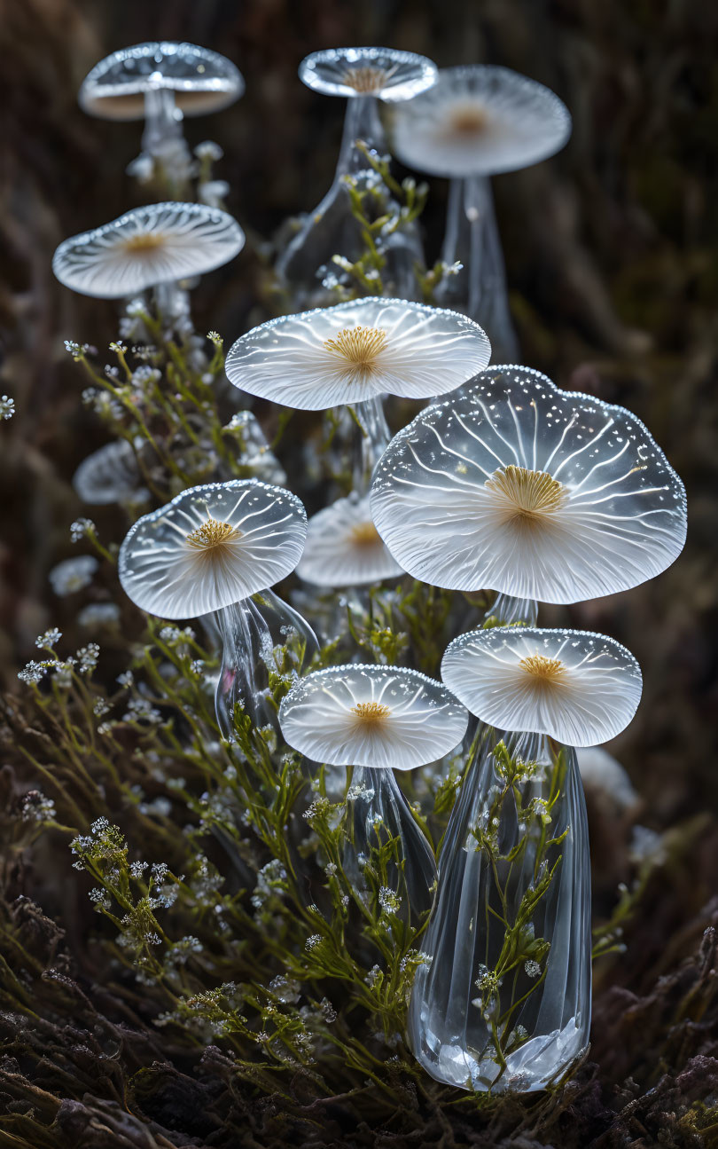 Translucent white mushrooms with delicate gills in dark forest underbrush