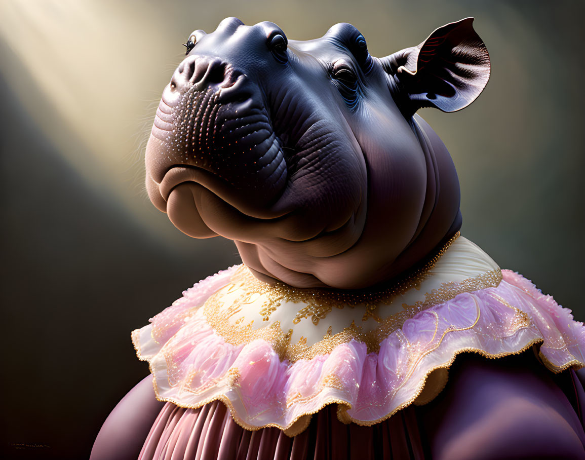 Whimsical digital artwork: Hippopotamus in pink ball gown