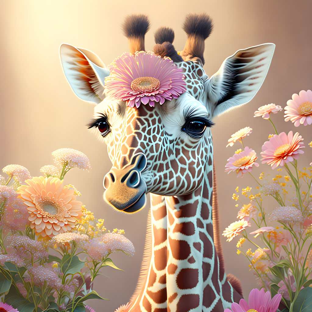 Whimsical digital illustration of a giraffe with a pink flower, surrounded by colorful flowers