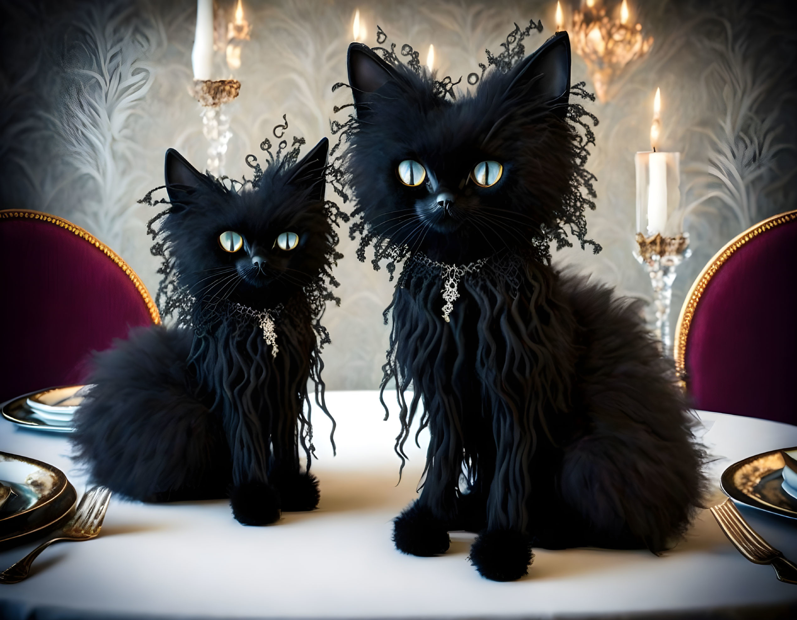 Gothic black cats with blue eyes in lace collars at candlelit dining table