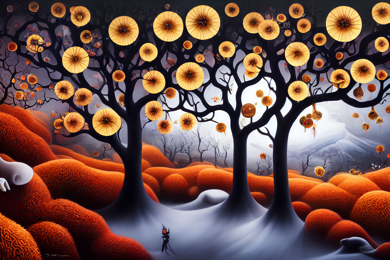 Starry dandelion-like trees in twilight landscape with orange hills