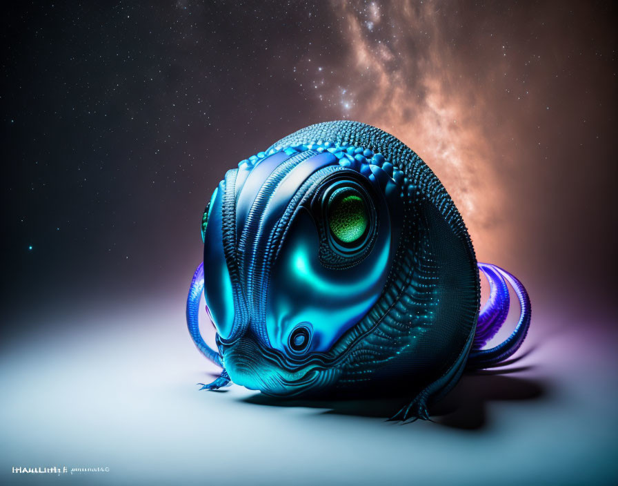 Blue bioluminescent nautilus-like creature under starry sky with dust cloud