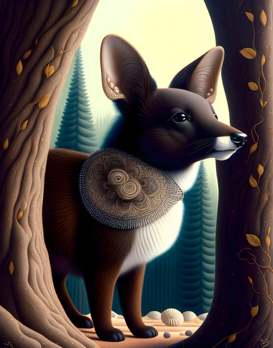 Intricate fox illustration in forest setting