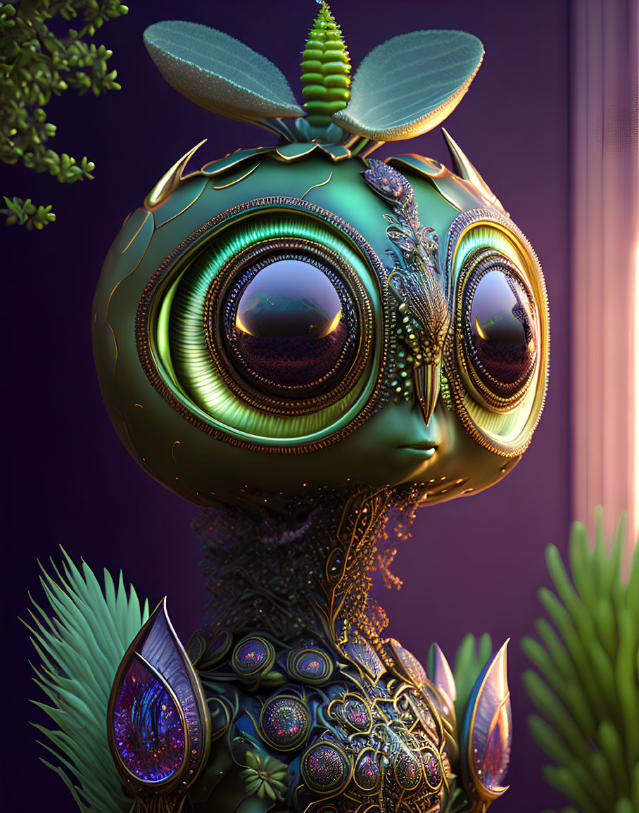 Intricate whimsical creature with luminous eyes and metallic details on purple background