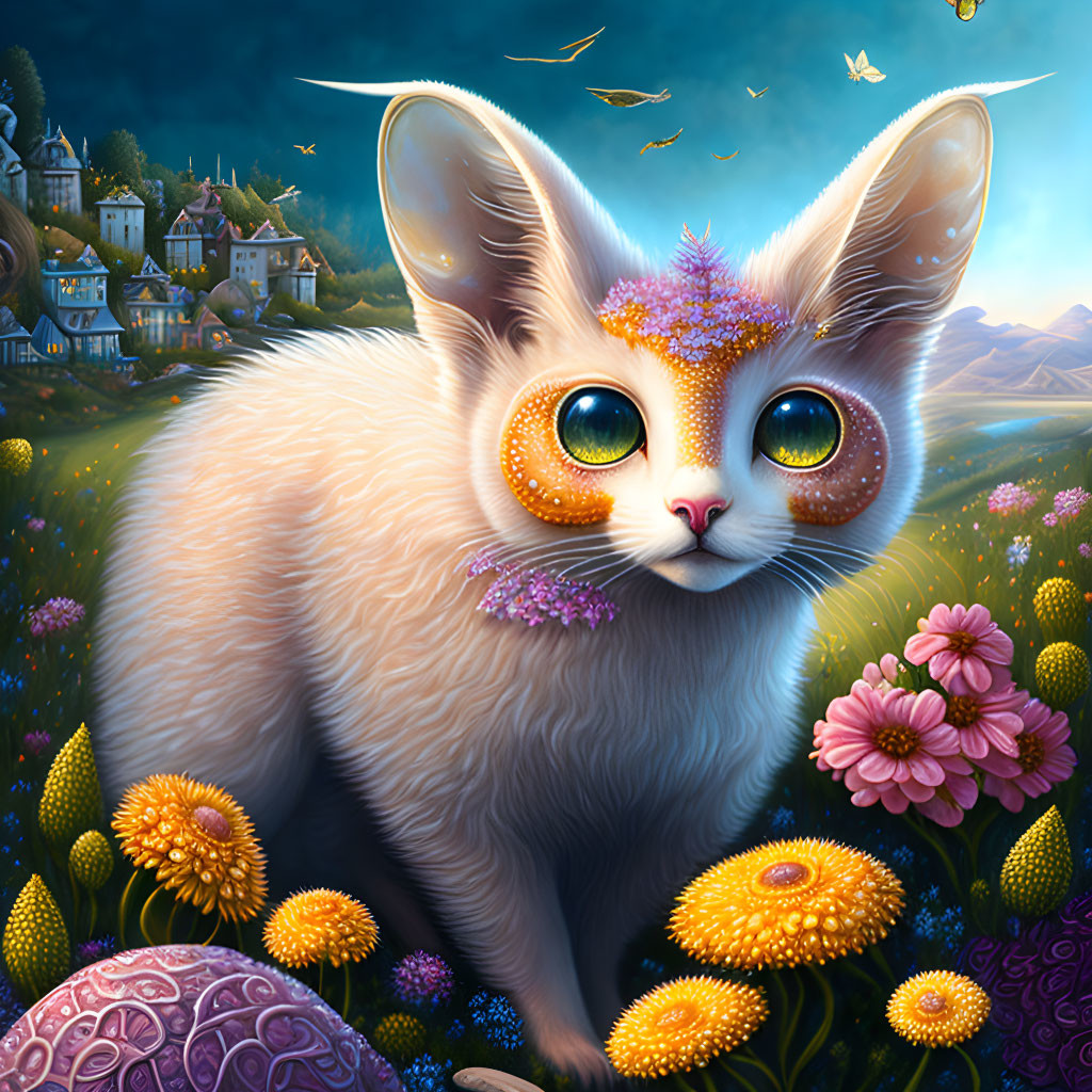 Whimsical illustration of fluffy cat with oversized green eyes in fantasy setting