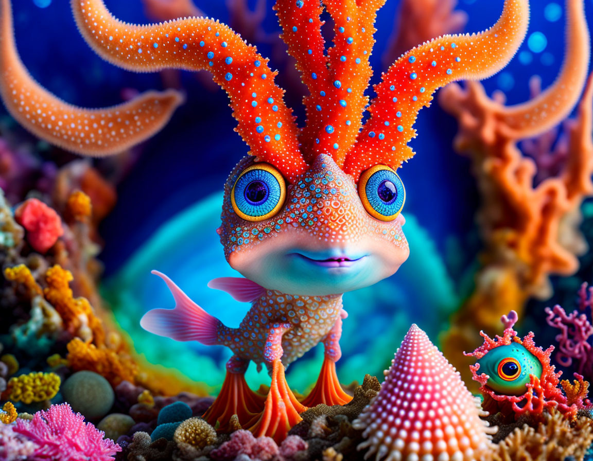 Colorful Underwater Creature with Orange Tentacles and Blue Spots surrounded by Coral