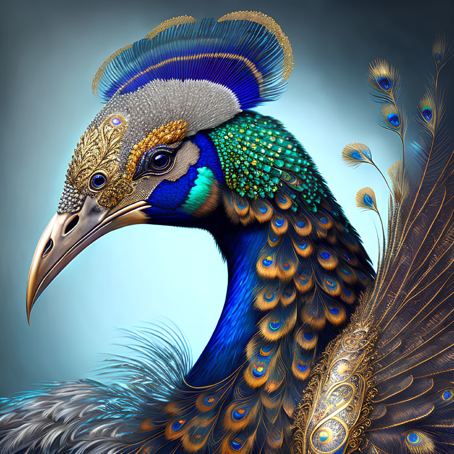 Detailed digital artwork: Peacock with vibrant blue, green, and gold feathers