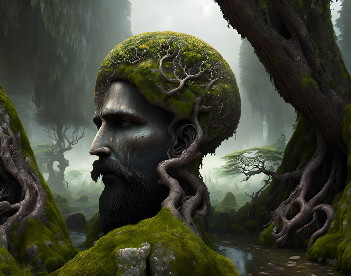 Man's head with mossy forest scalp and tree root beard in misty woodland