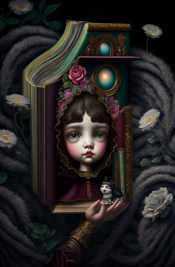 Surreal girl's face framed by floral book cover and figurine on dark background