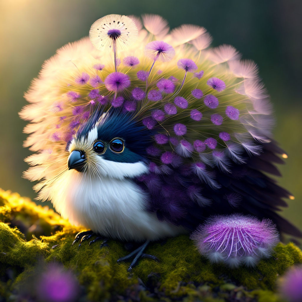 Whimsical bird-like creature with dandelion wings and purple flowers in plumage