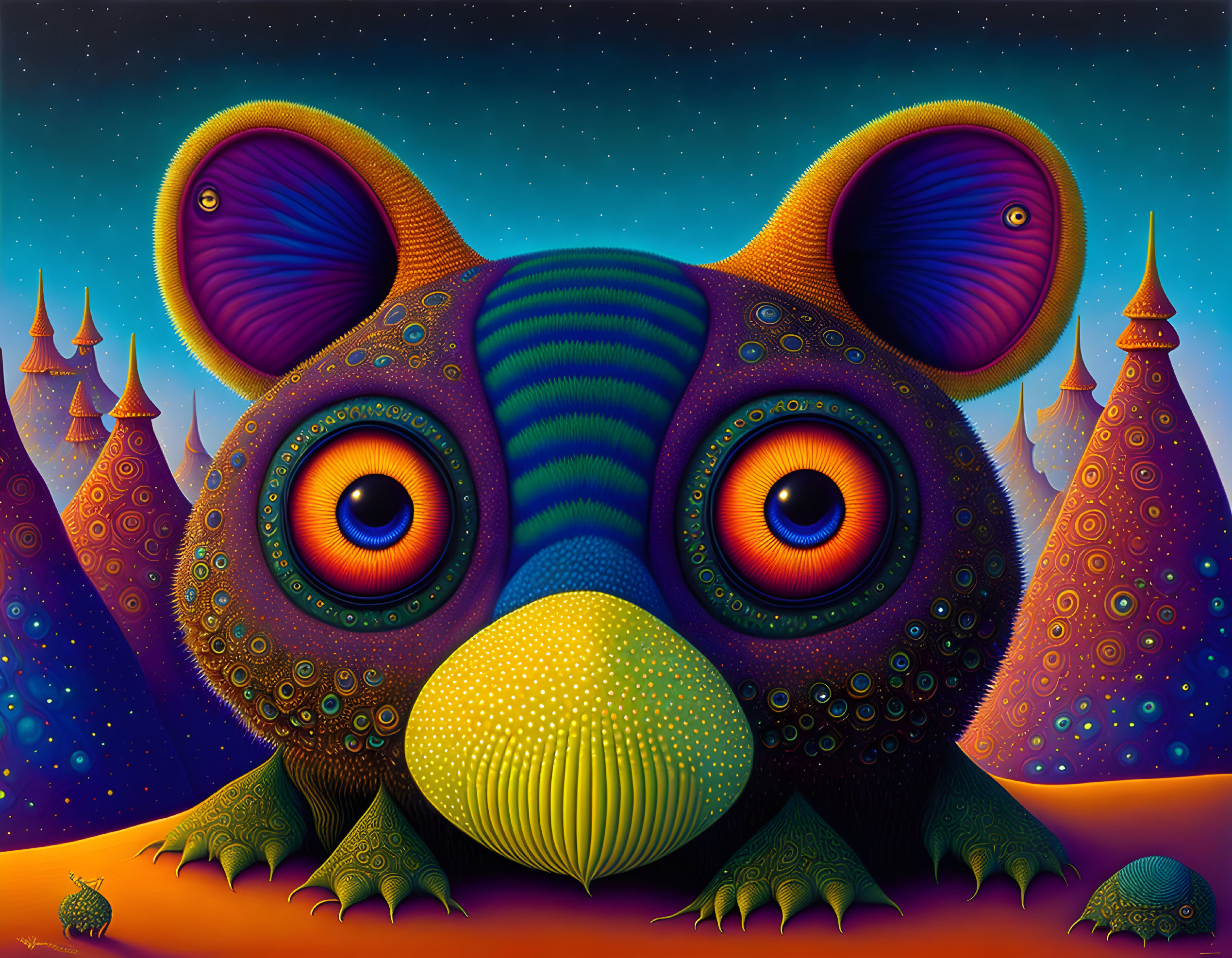 Fantastical creature with hypnotic eyes in vibrant, surreal illustration