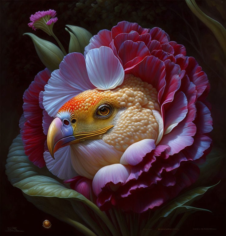 Surreal artwork: Bird head merges with red and white flower, ladybug present