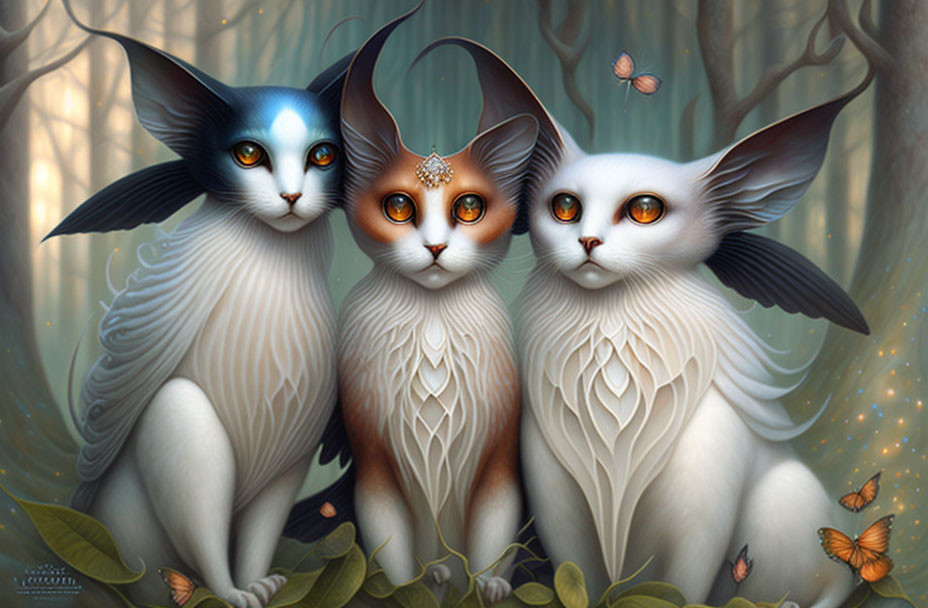 Three mystical cat-like creatures in whimsical forest with butterflies