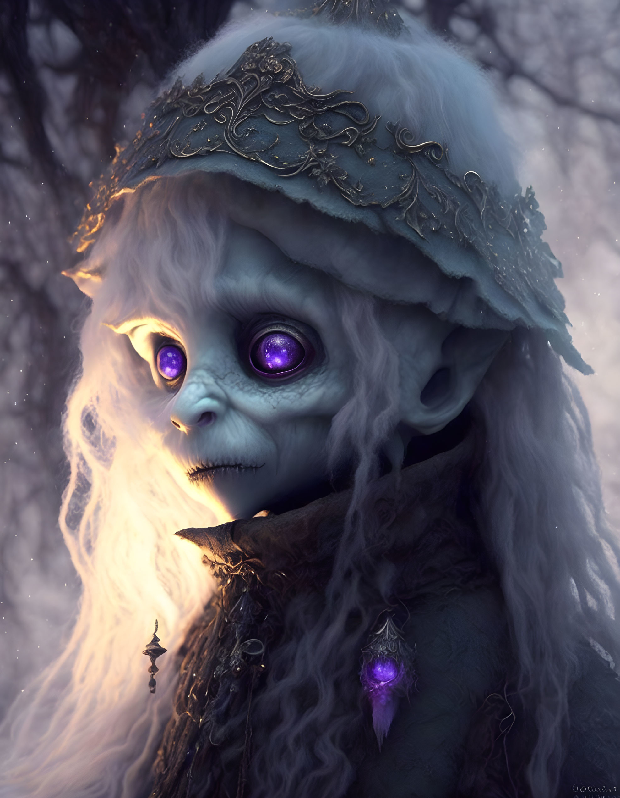 Purple-eyed fantasy creature in ornate helmet and fur collar in snowy forest.