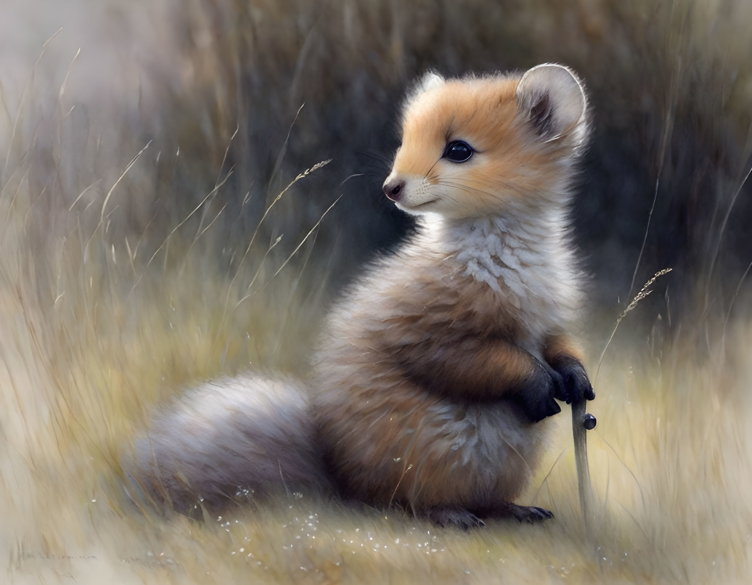 Young fox in field with fluffy tail and stick, gazing curiously.