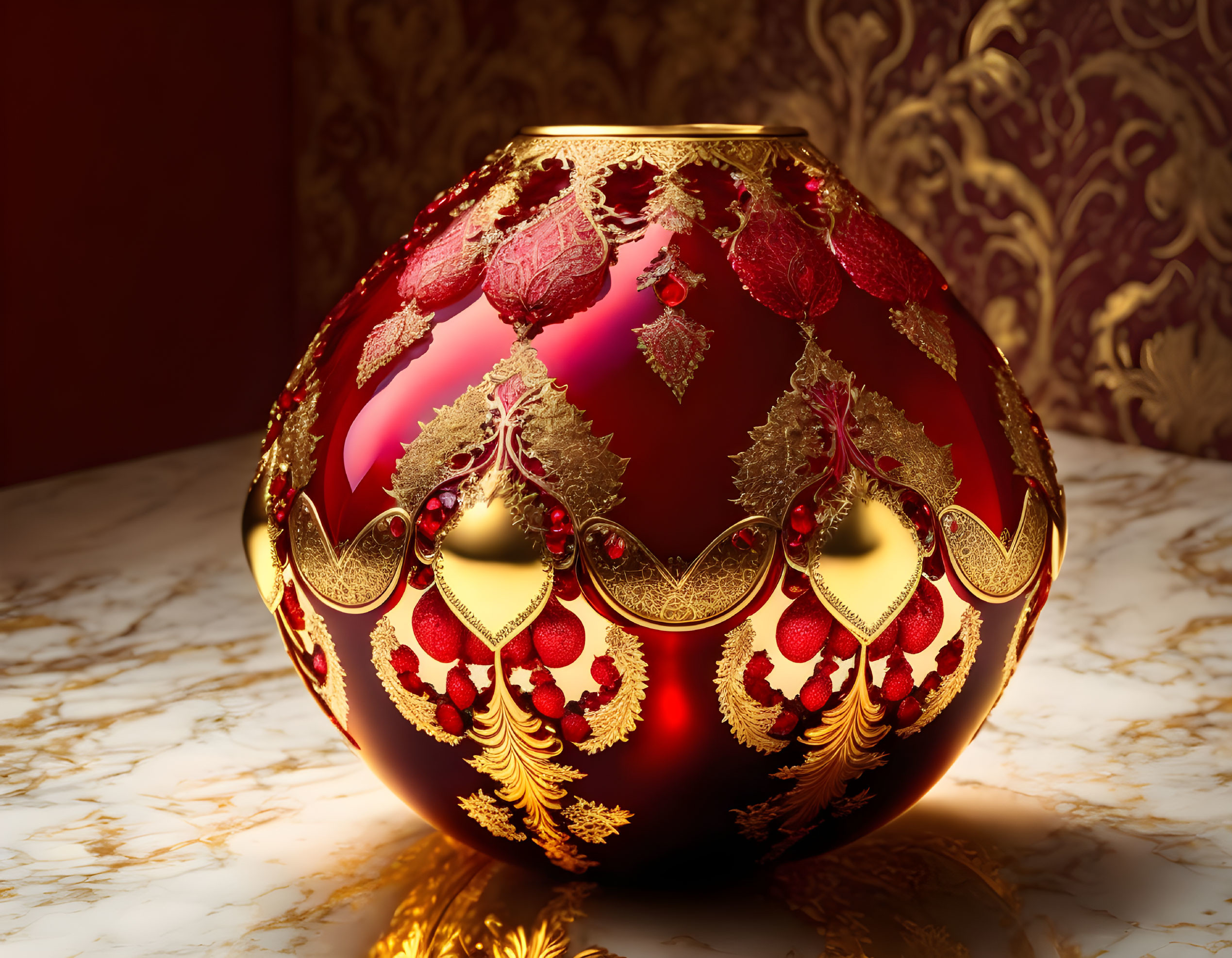 Red and Gold Vase with Intricate Patterns on Marble Surface