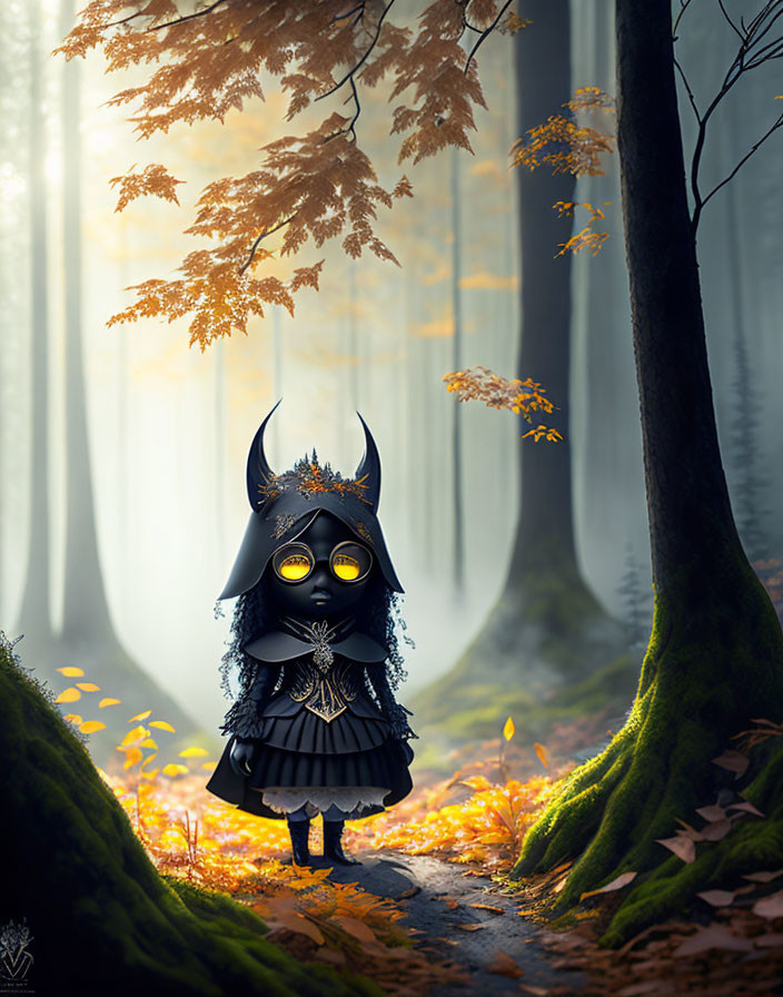 Illustration: Small horned creature in dress and mask in autumn forest