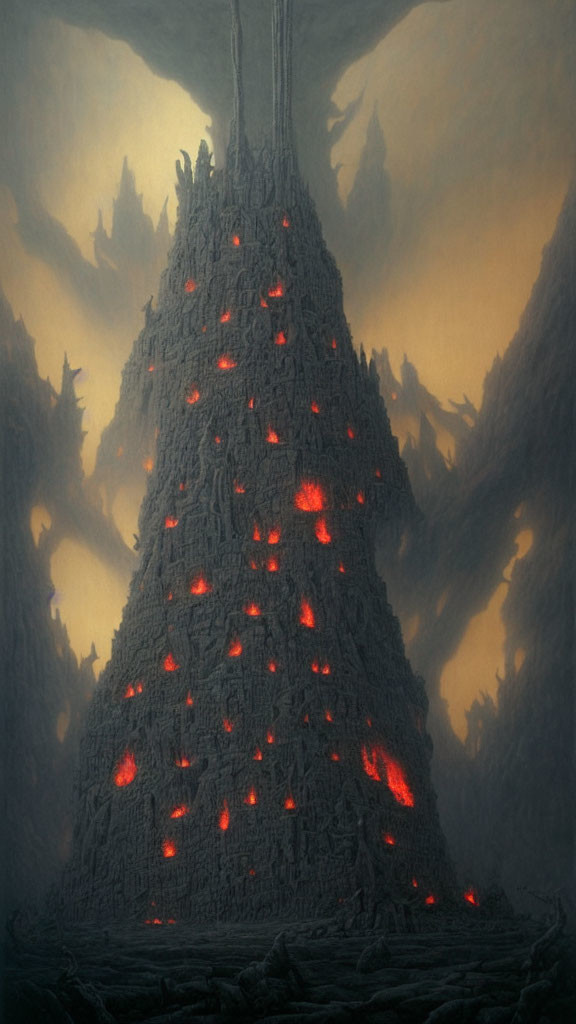 Dark mountain with glowing lava veins under hazy sky