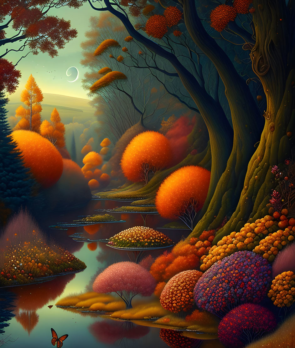 Vibrant autumn forest with crescent moon, pond, and butterfly