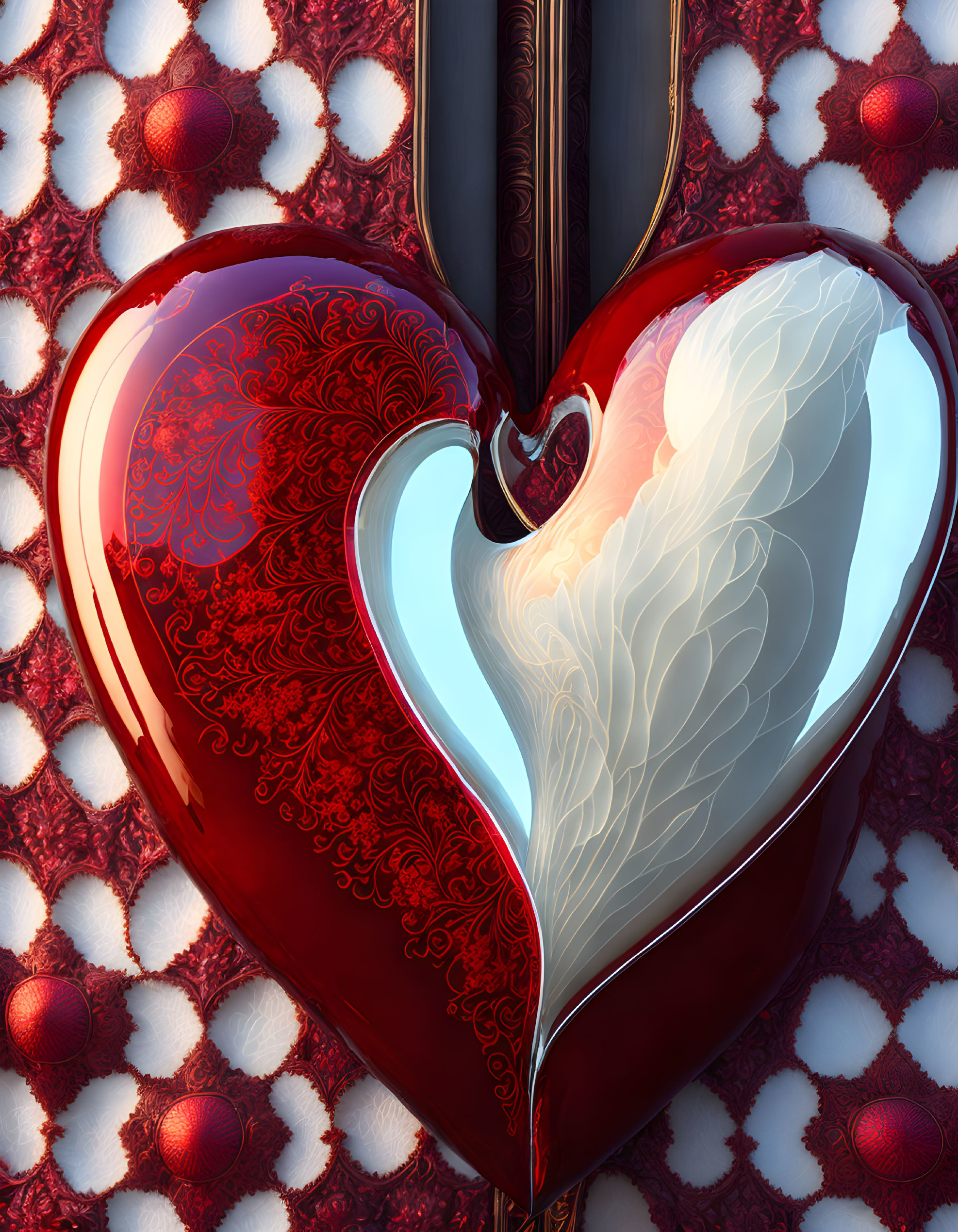 Stylized digital art: Split heart with contrasting red and white patterns