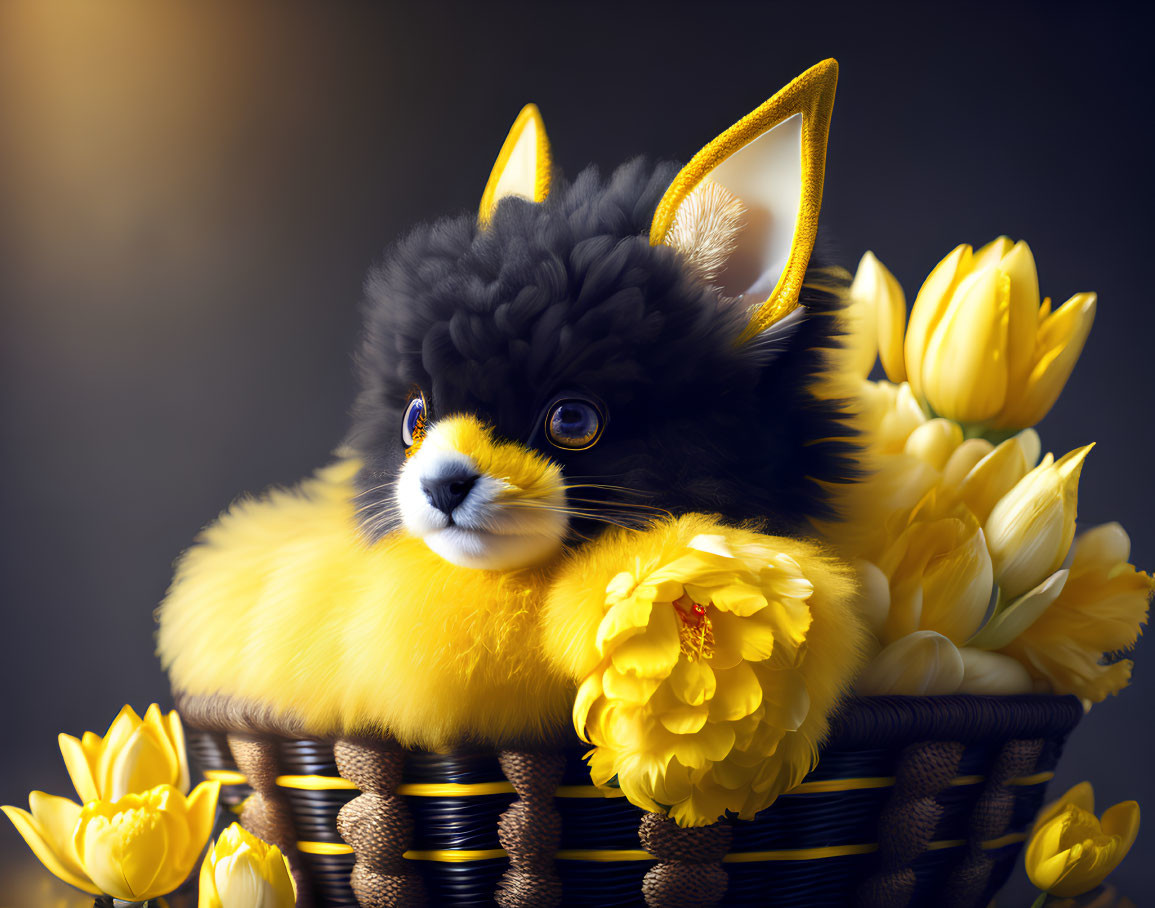 Fluffy black puppy in basket with yellow tulips