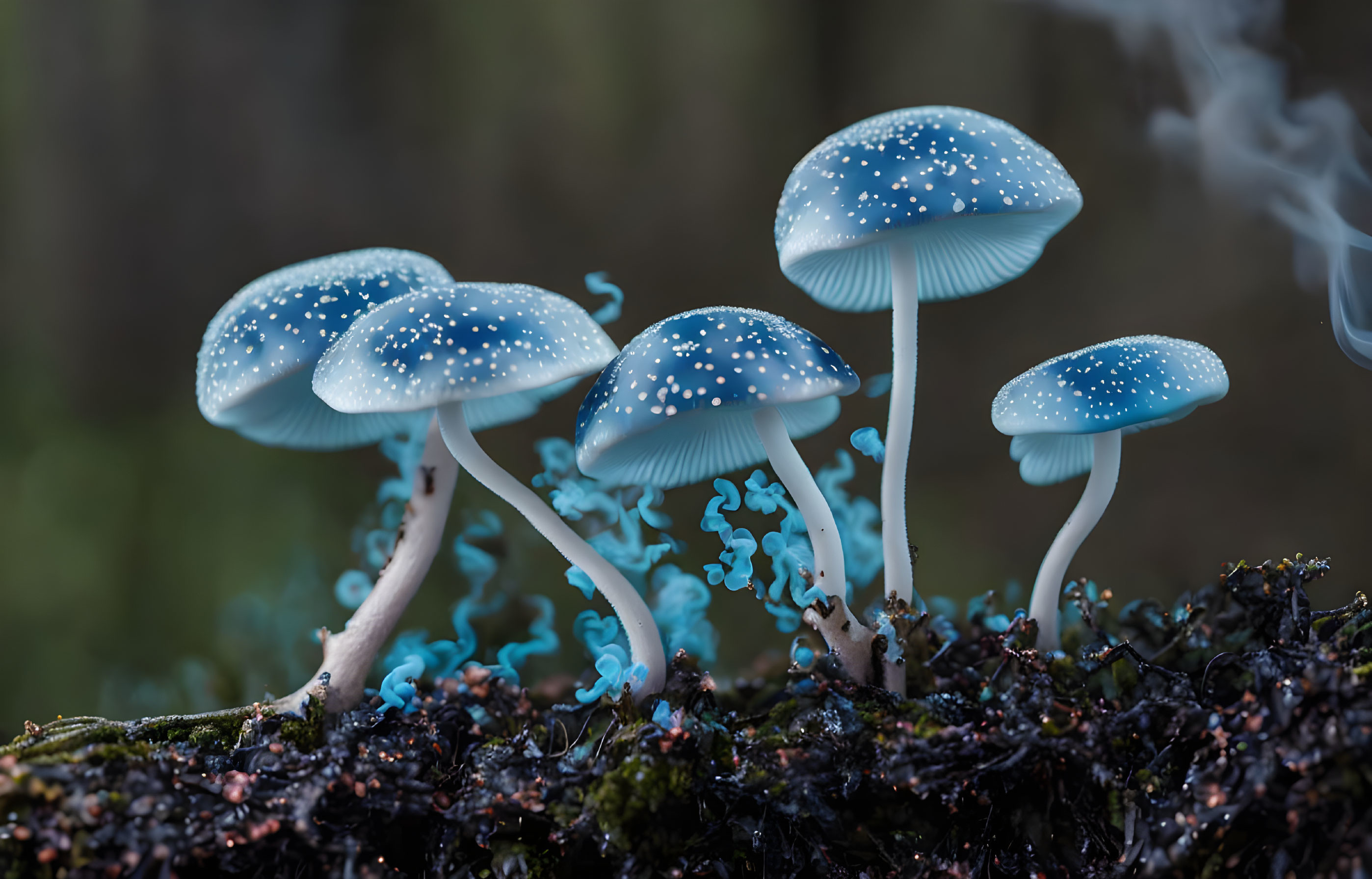 Blue mushrooms with white spots in dark forest emitting blue mist