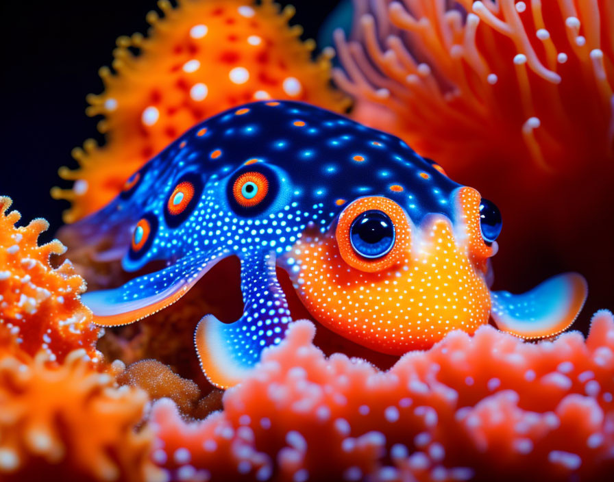 Colorful Coral Octopus with Neon Dots in Vibrant Blue Habitat