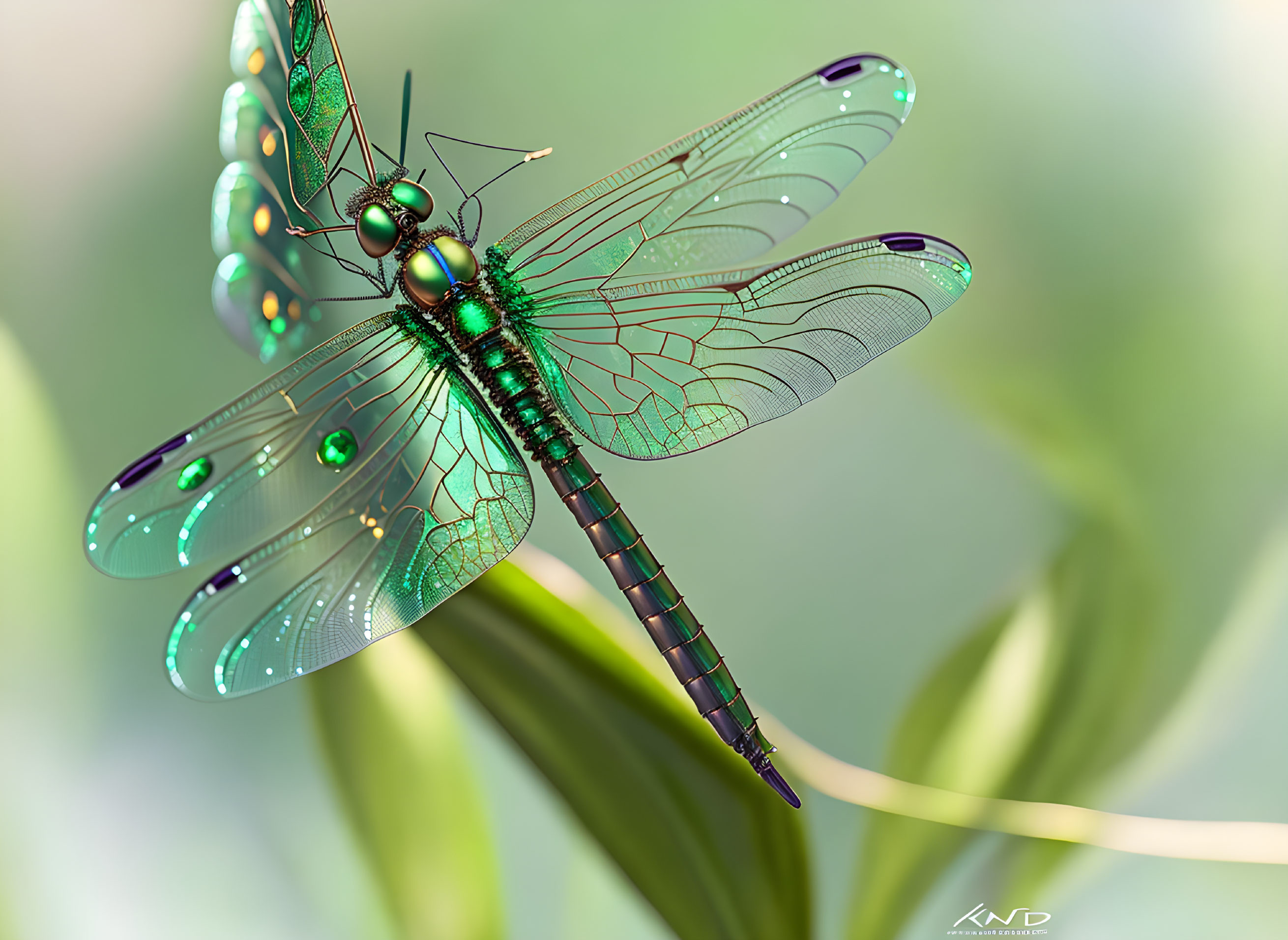 Detailed Close-Up: Iridescent Green Dragonfly on Grass Blade