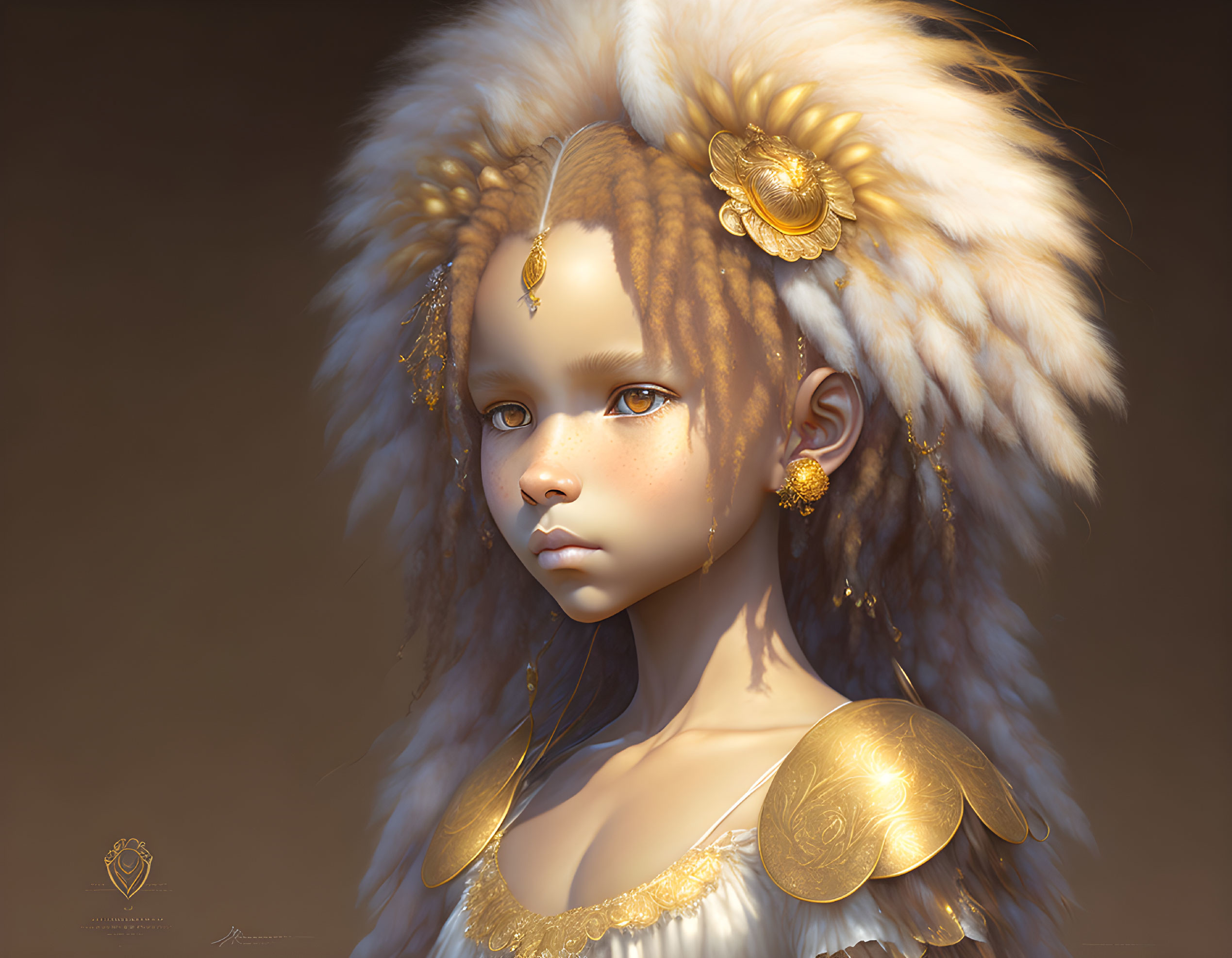 Girl with Golden Eyes in White Fur & Gold Jewelry