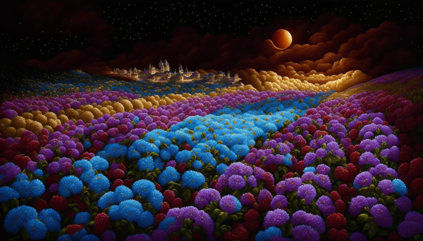 Vibrant multicolored flowers in fantastical night landscape