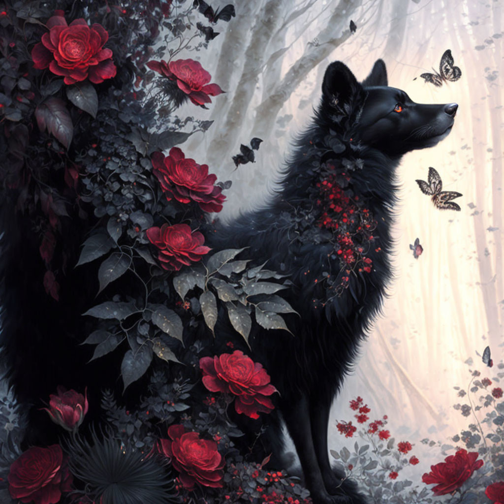 Majestic black wolf in mystical forest with red roses and butterflies