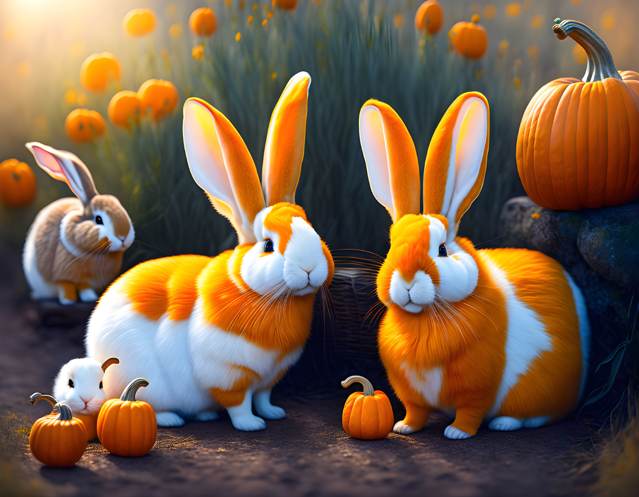 Rabbits with Pumpkin-Colored Fur Among Miniature Pumpkins in Autumn Setting