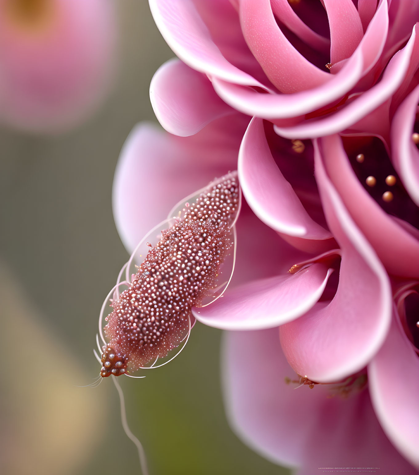 Close-up Dew-Covered Insect on Pink Flower with Spiraling Petals