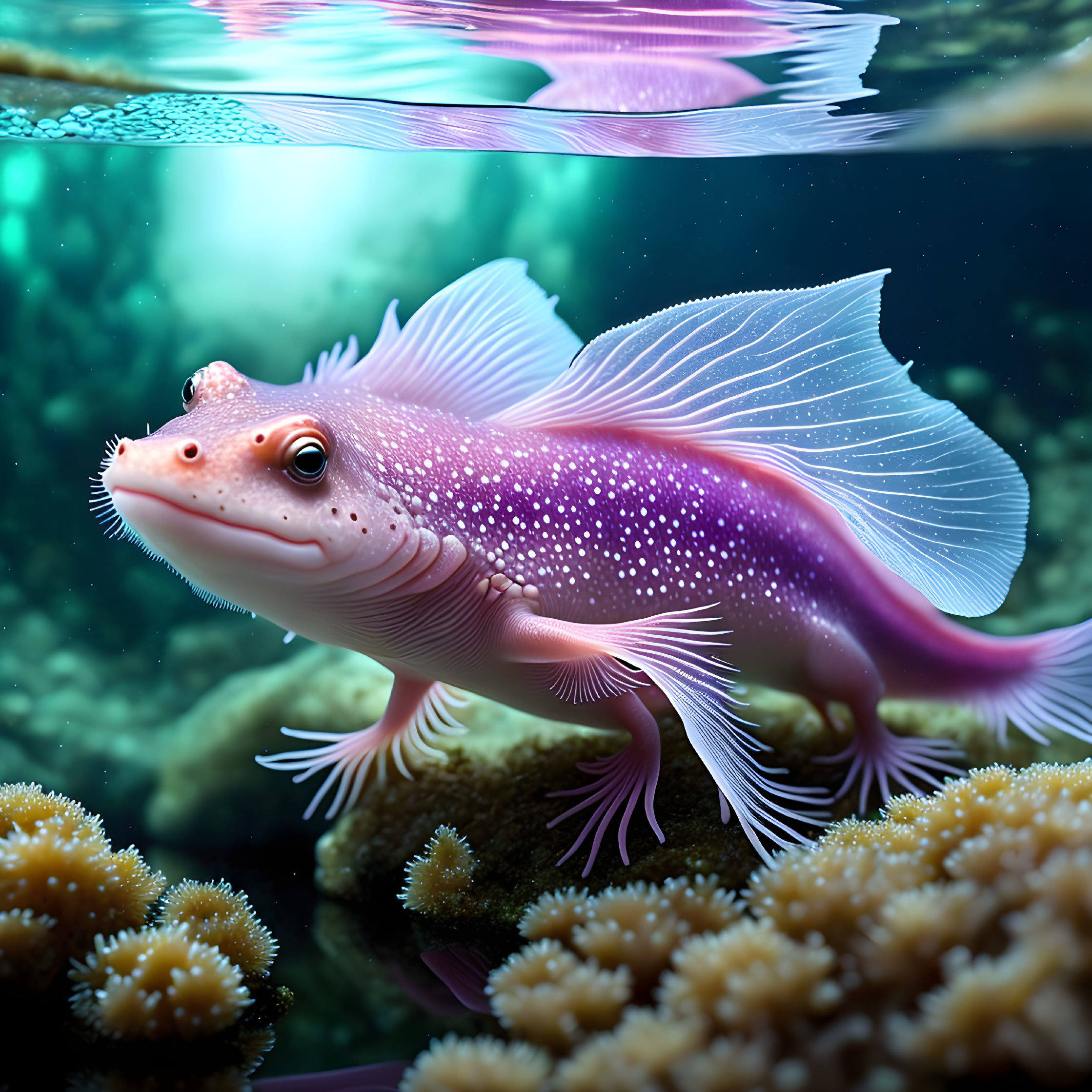 Fantastical pink axolotl-like creature in vibrant underwater scene