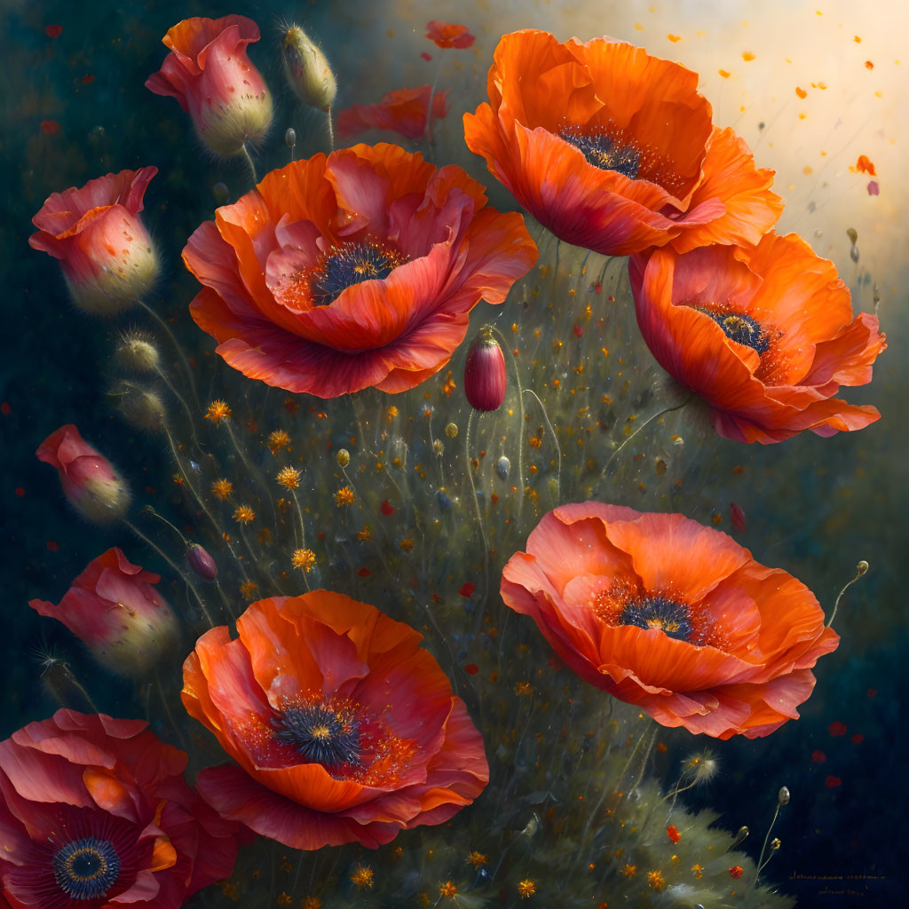 Vibrant red-orange poppies in digital painting