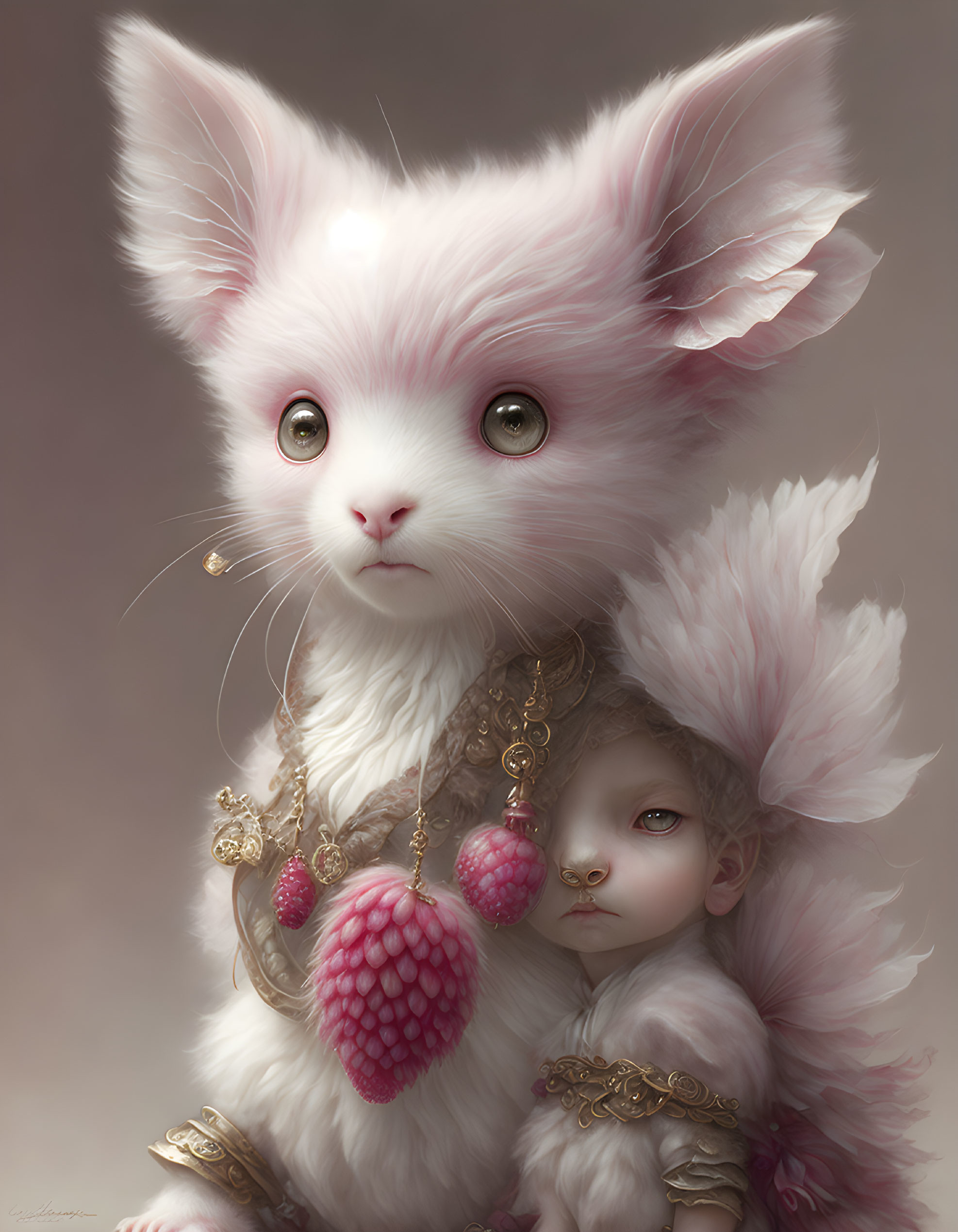 Whimsical creature: pink kitten head, child body, golden jewelry, holding pink berry