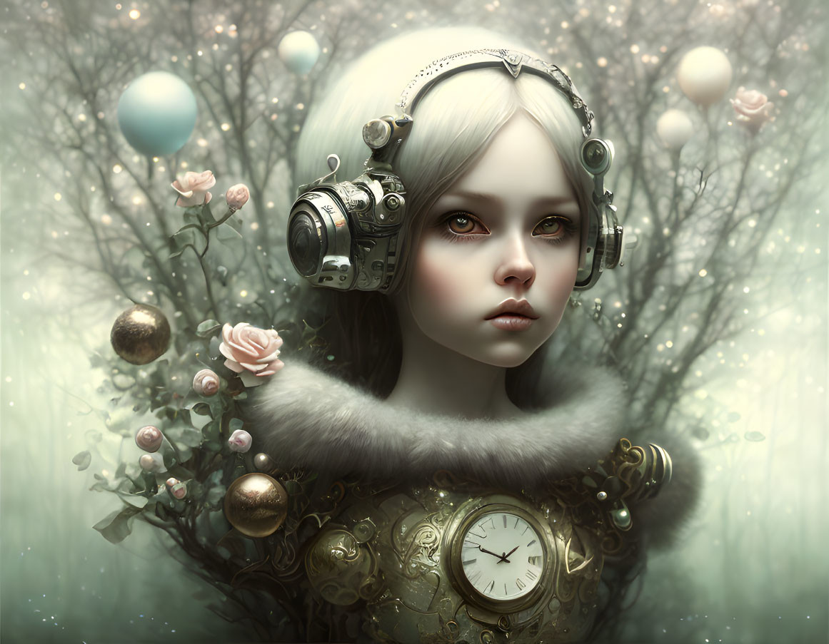 Surreal portrait of a girl with vintage headset and clockwork elements surrounded by orbs and flowers in