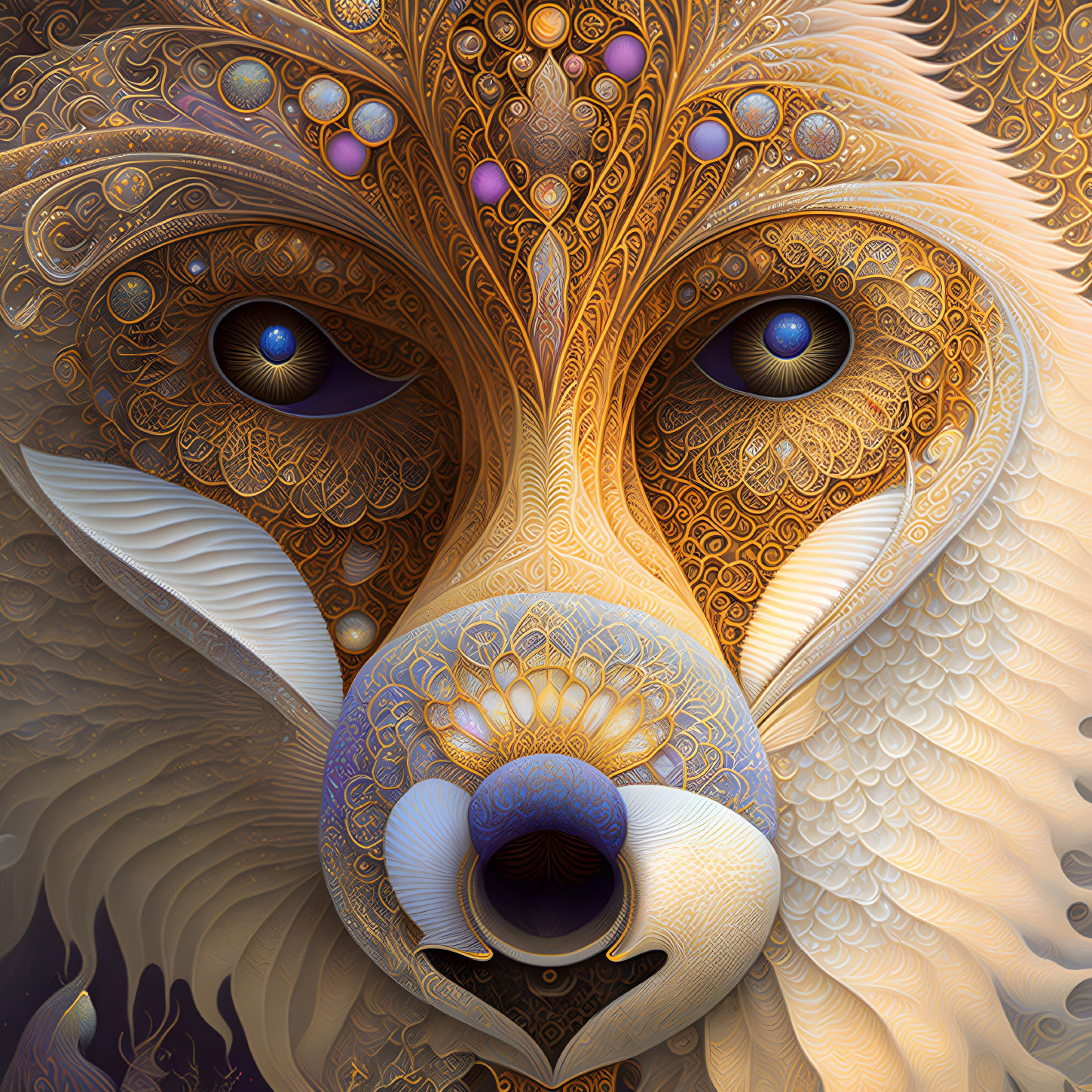 Intricate golden wolf illustration with detailed patterns