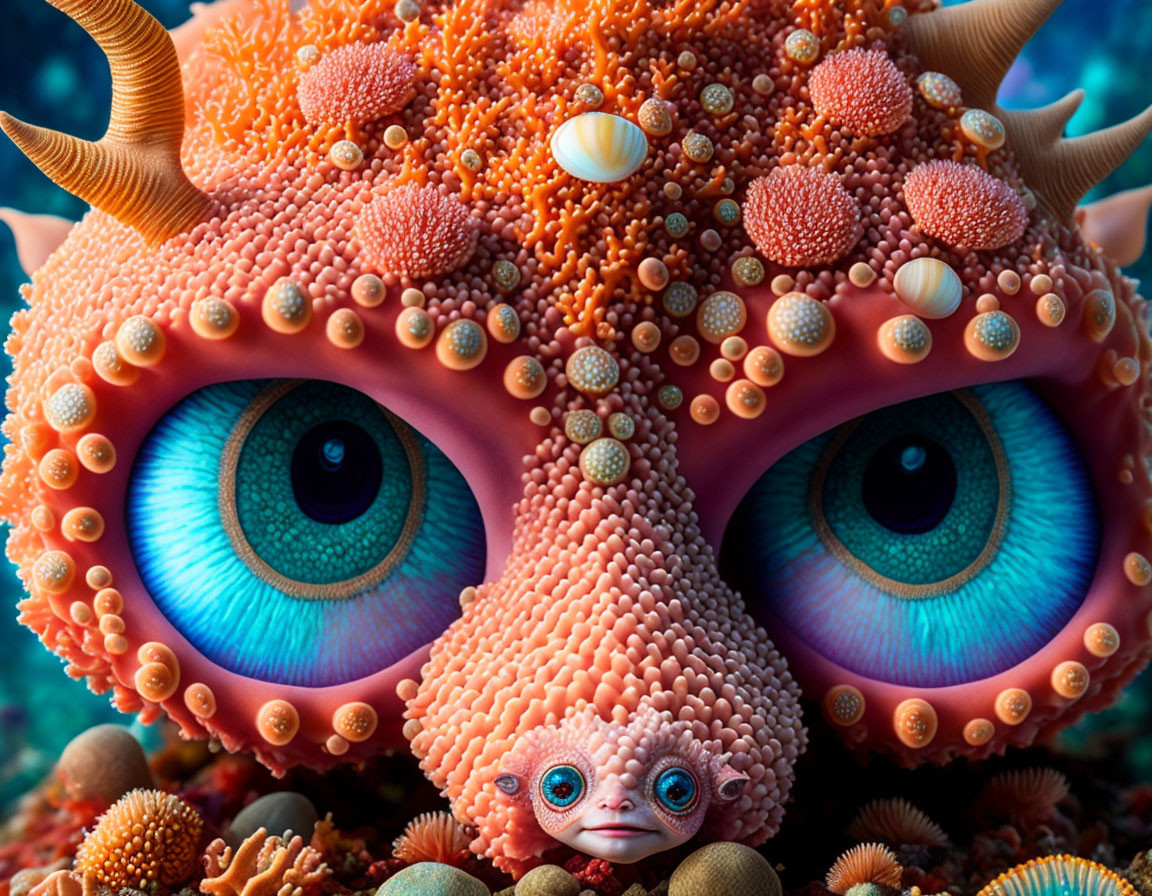 Vibrant animated octopus with expressive blue eyes and a smaller companion in underwater scene